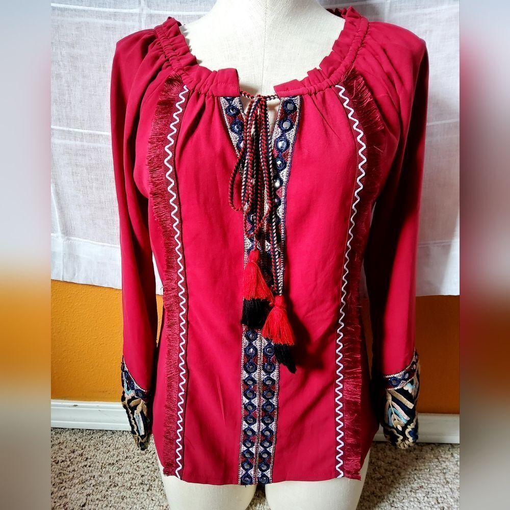 Mocha Red Boho Embroidered Peasant Blouse – Size M